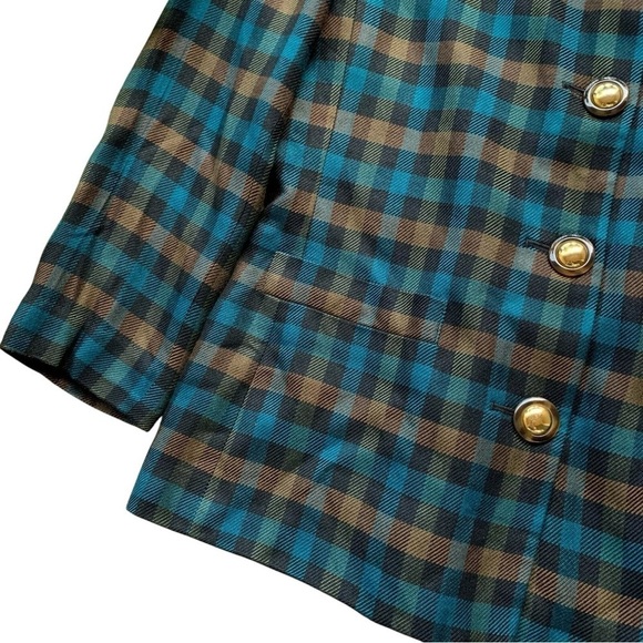 Vtg Le Suit Dress Barn Plaid Gingham Buttoned Blazer Jacket Blue Brown Size 10 - Picture 4 of 6